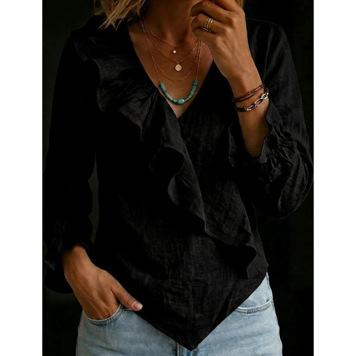 Damen Volant‑Bluse im Leinenlook mit Wickeloptik und asymmetrischem Zipfelsaum Drune