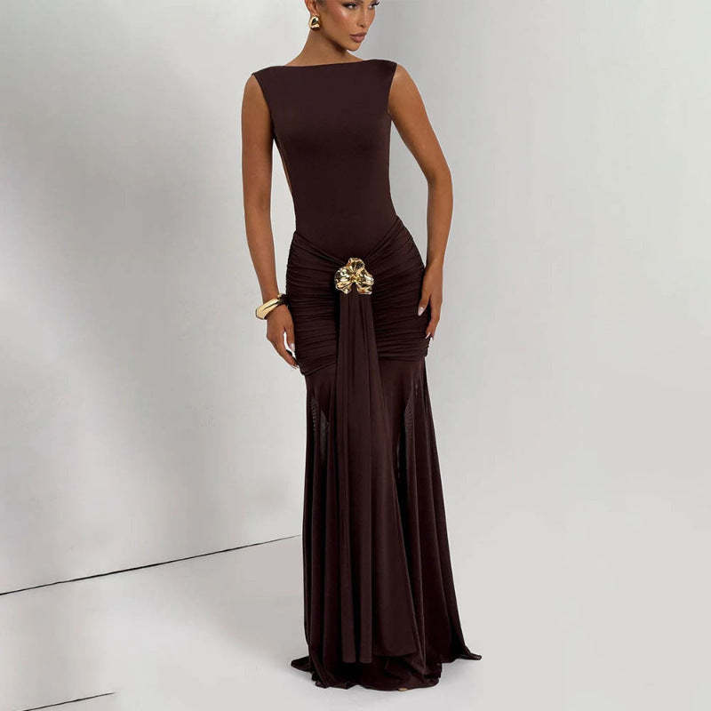 Damen Elegantes Maxikleid mit tailliertem Oberteil und einzigartiger Drapierung Drune