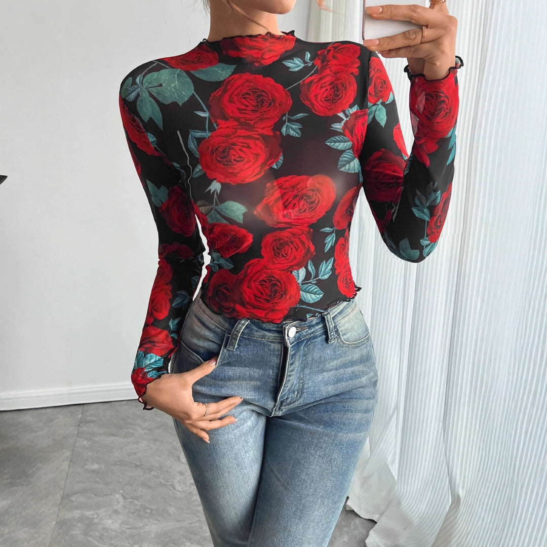 Damen nan figurbetontes Netz-Langarmshirt mit Rosenmotiv, Stehkragen und Wellensaum Drune