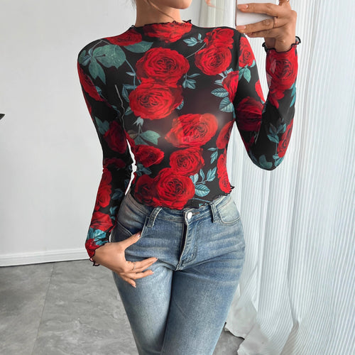 Damen nan figurbetontes Netz-Langarmshirt mit Rosenmotiv, Stehkragen und Wellensaum Drune