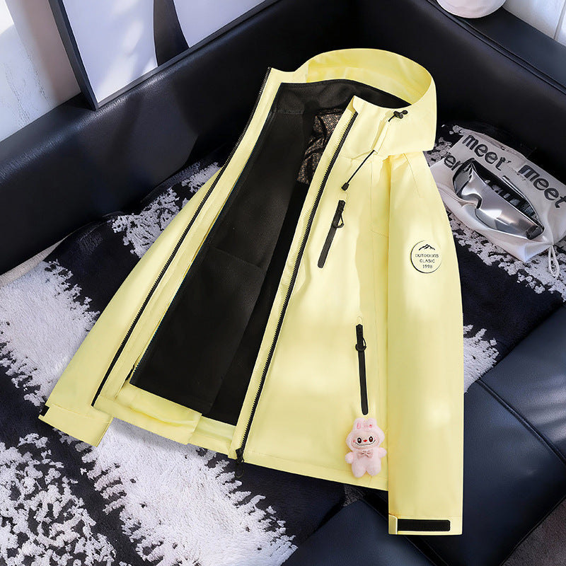 Damen Leichte wasserdichte Kapuzenjacke mit Teddy‑Charm und verdeckten Reißverschlusstaschen Drune
