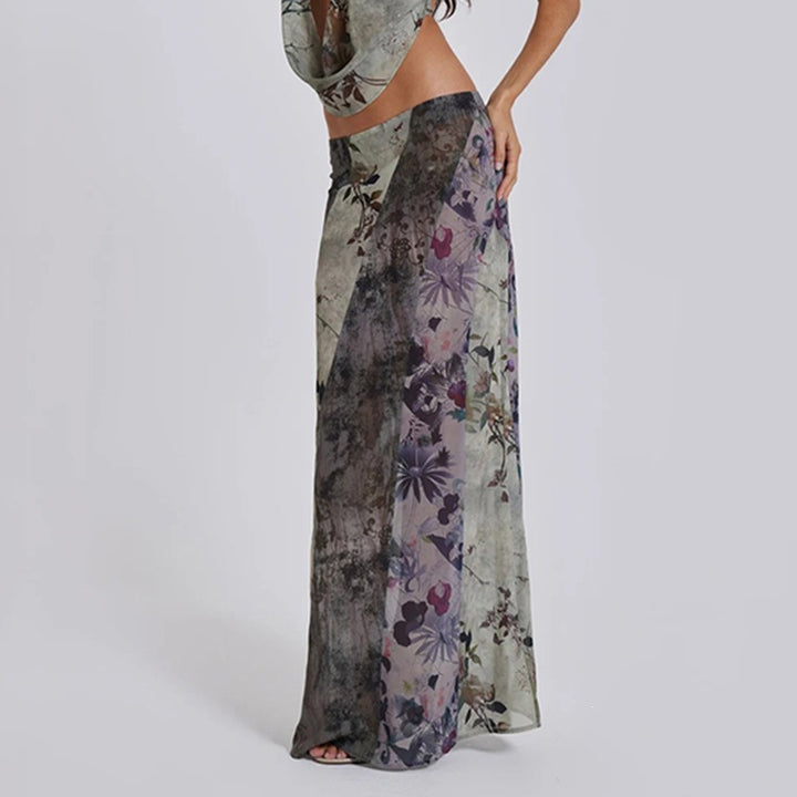 Damen Langer Maxirock mit diagonalen Patchwork-Prints und schlanker A-Linie Drune