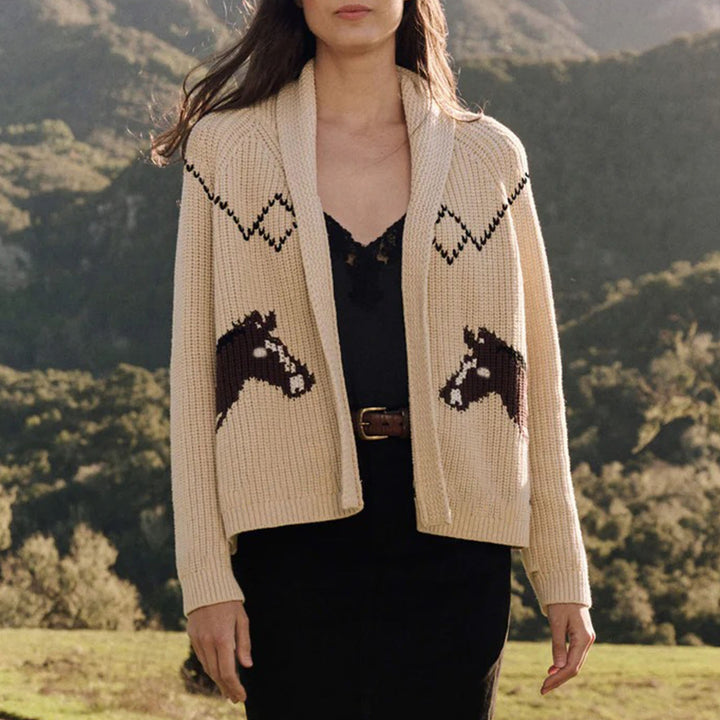 Damen Grobstrick-Cardigan mit Reverskragen und Pferde‑Intarsie Drune