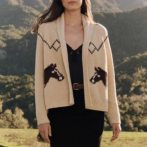 Damen Grobstrick-Cardigan mit Reverskragen und Pferde‑Intarsie Drune