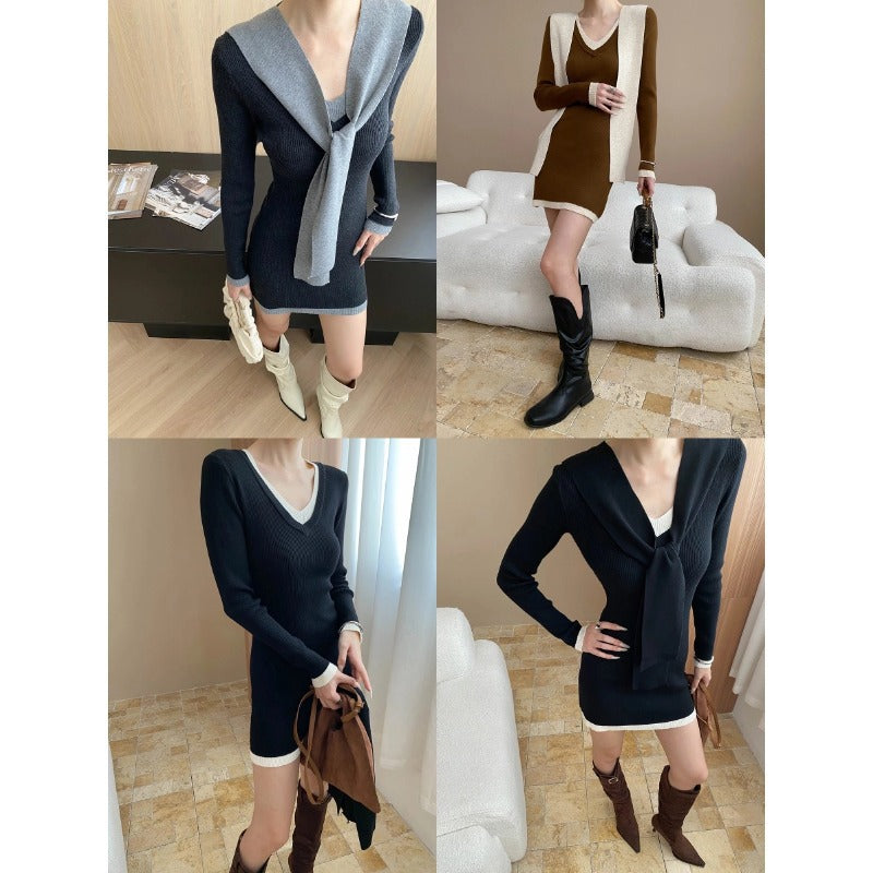 Damen figurbetontes Strickkleid mit stylischem Schalkragen und langen Ärmeln Drune