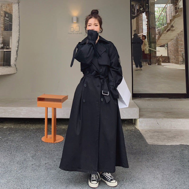Damen Oversize-Trenchcoat mit Taillengürtel, doppelter Knopfleiste und Sturmklappe Drune