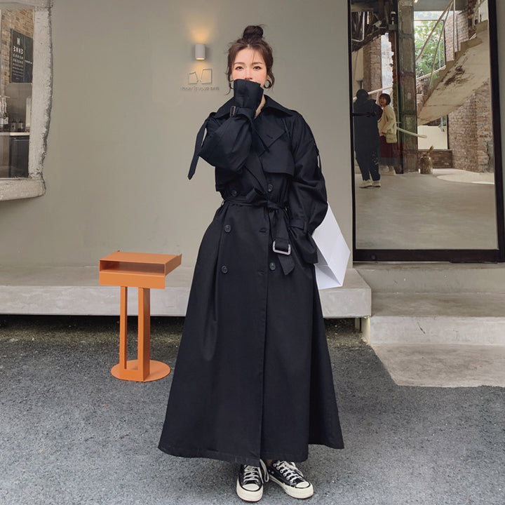 Damen Oversize-Trenchcoat mit Taillengürtel, doppelter Knopfleiste und Sturmklappe Drune