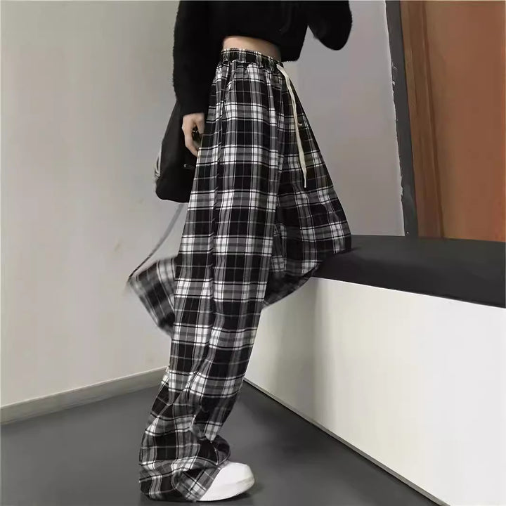 Damen weite Karohose mit elastischem Bund und Bindegürtel Drune