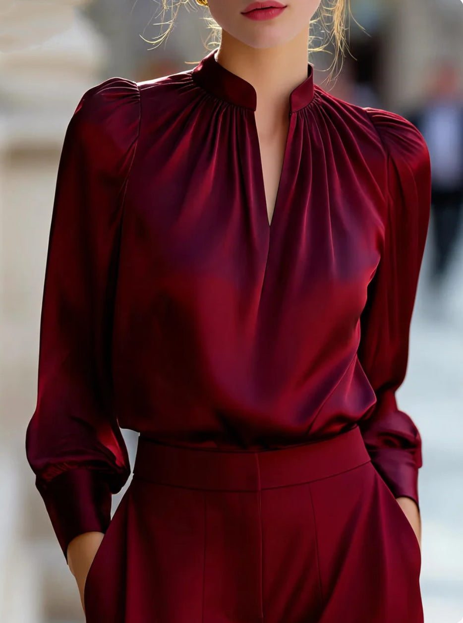 Damen Elegante Bluse mit Stehkragen und Bouffant-Ärmeln Drune