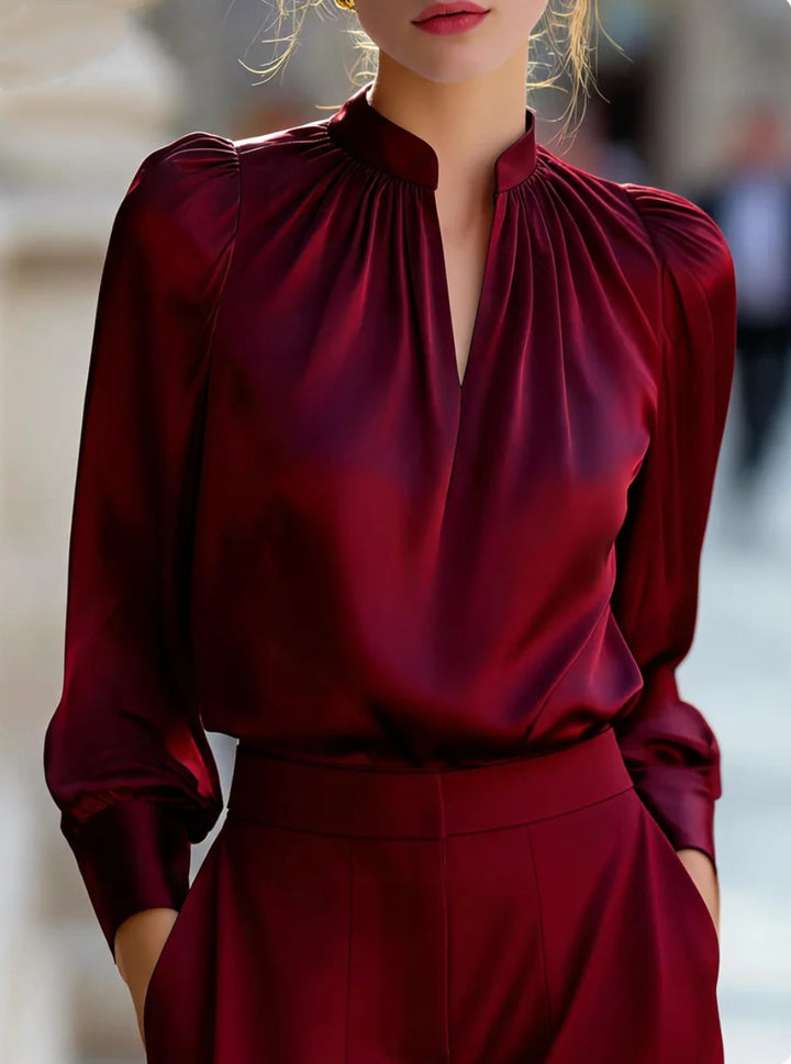 Damen Elegante Bluse mit Stehkragen und Bouffant-Ärmeln Drune