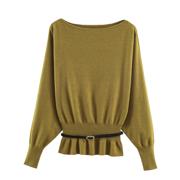 Damen Oversize-Strickpullover mit U-Boot-Ausschnitt, Fledermausärmeln, gerafftem Rippbund und Taillengürtel Drune