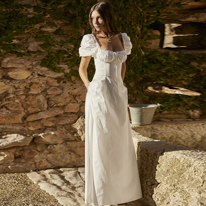 Damen Maxikleid mit Puffärmeln und romantischem Rüschendetail Drune