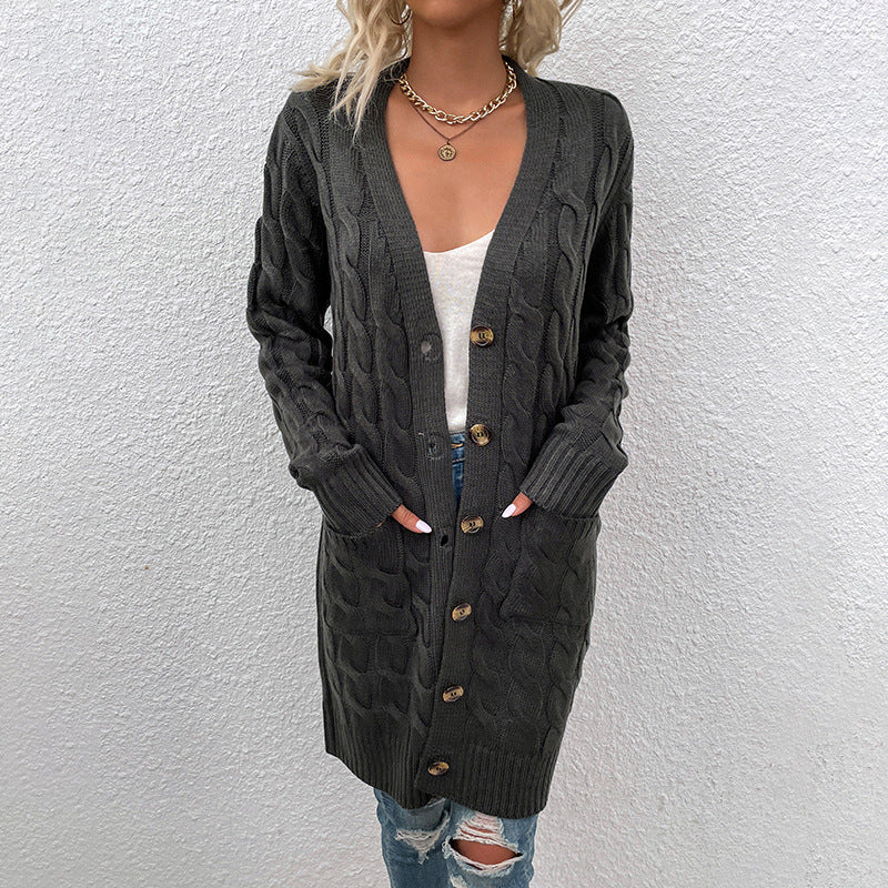 Damen Lange gestrickte Strickjacke mit Kabelmuster Drune