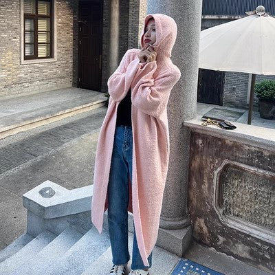 Damen Langer Teddy-Fleece-Mantel mit Kapuze, überschnittener Schulter und weich fallender A-Linie Drune