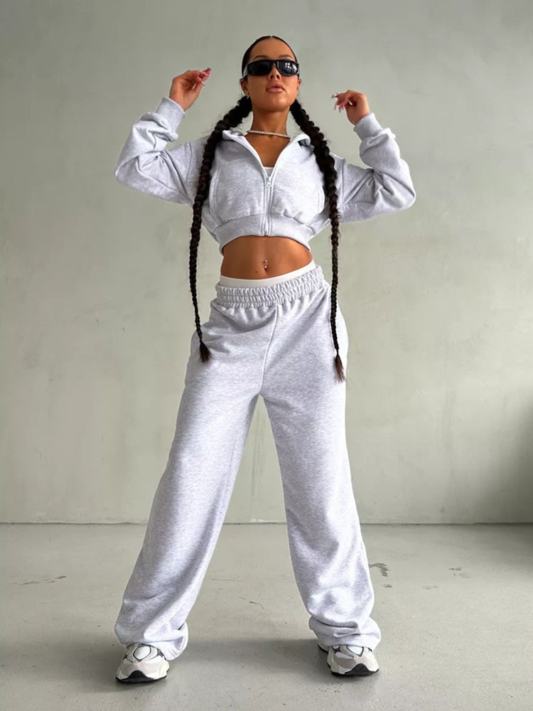 Damen kurzes Zip-Kapuzensweatshirt mit tailliertem Bündchen und weitem High‑Waist French‑Terry Jogginghose Set Drune