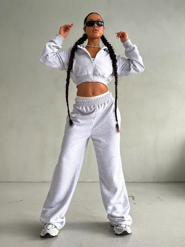 Damen kurzes Zip-Kapuzensweatshirt mit tailliertem Bündchen und weitem High‑Waist French‑Terry Jogginghose Set Drune