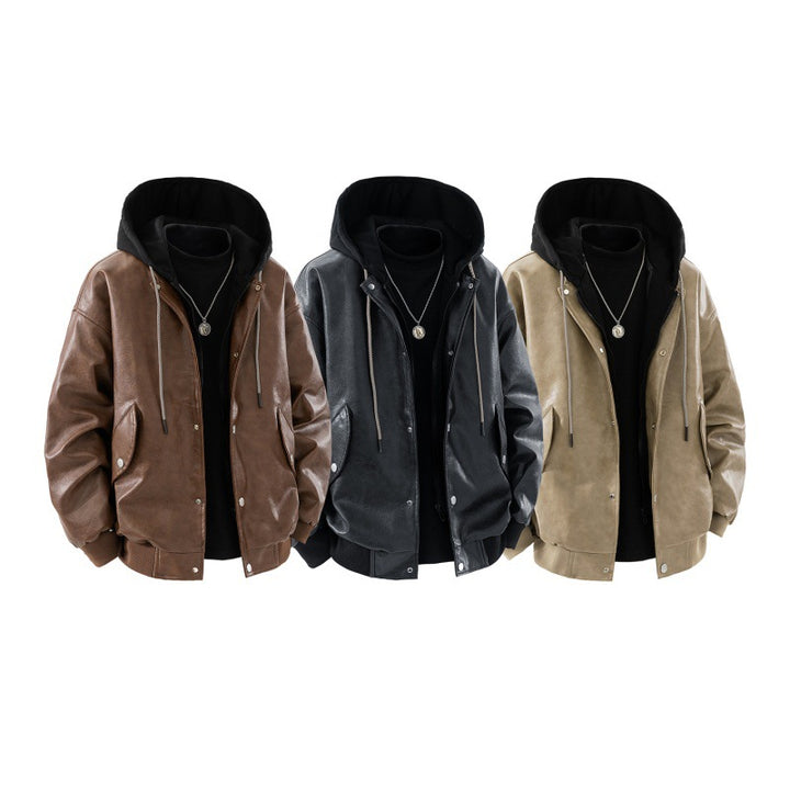 Herren oversized Kunstleder-Bomberjacke mit kontrastkapuze, Druckknopfblende und aufgesetzten Taschen Drune