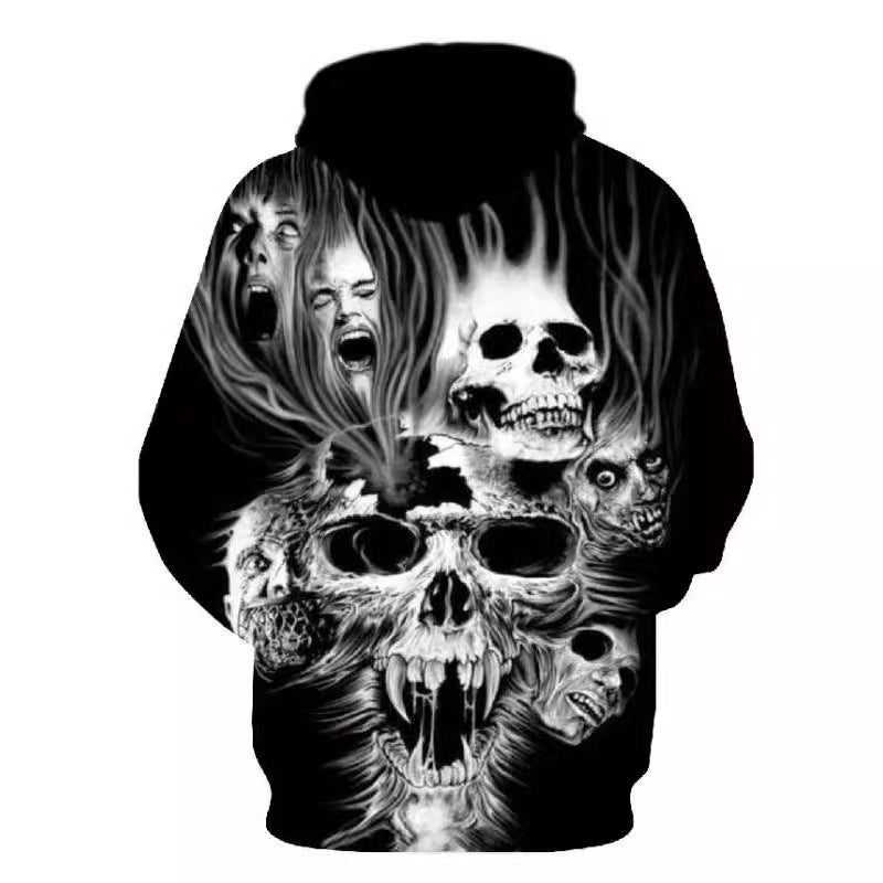 Herren Kapuzenpullover mit fotorealistischem 3D-Skull-Print, Kronen- & Kettenmotiv Drune
