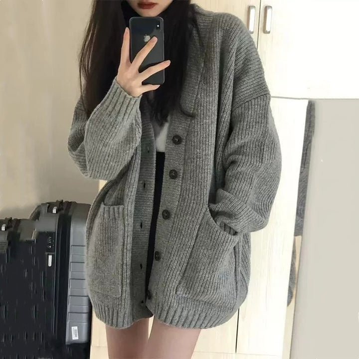 Damen Kuschelige Strickjacke mit großen Taschen und Knopfdetail Drune