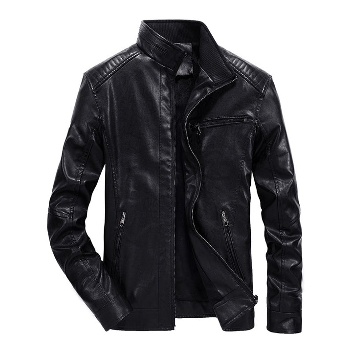 Herren Slim-Fit Motorradblouson aus Lederimitat mit Stehkragen und Reißverschlusstaschen Drune