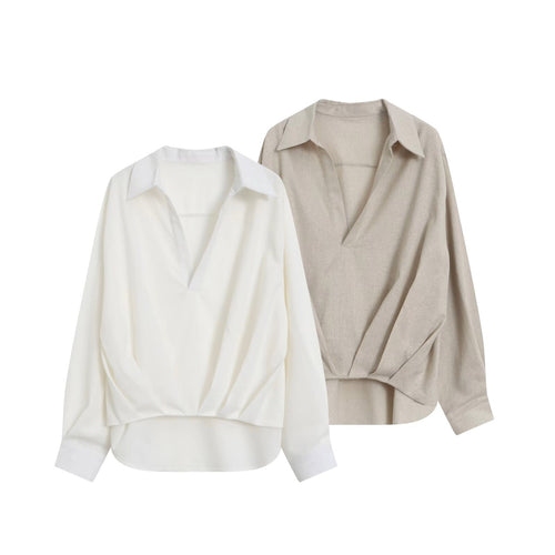 Damen Oversize Leinenoptik-Bluse mit tiefem V‑Ausschnitt, Hemdkragen und gerafftem Vorderteil Drune