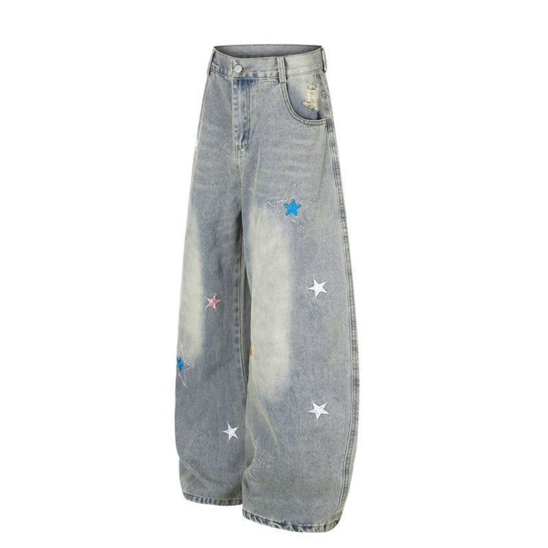 Damen Weite High-Waist Palazzo-Jeans mit Stern-Stickereien und Used-Effekt Drune