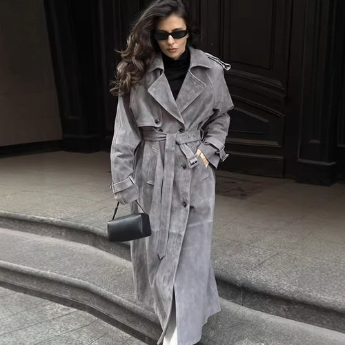 Damen stylische Midi-Trenchcoatjacke mit Bindegürtel und praktischen Taschen Drune