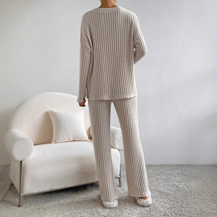 Frauen Rippstrick Lounge Set aus weichem Strick mit V-Ausschnitt und weitem Bein Drune