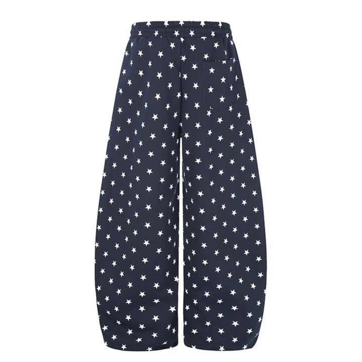 Damen Weite Palazzo-Loungehose mit Sternenallover, Tunnelzugbund und typografischem Print Drune