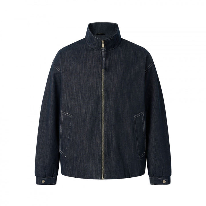 Unisex Kastenförmige Jeans-Blousonjacke mit Stehkragen, Reißverschluss und elastischem Saum Drune