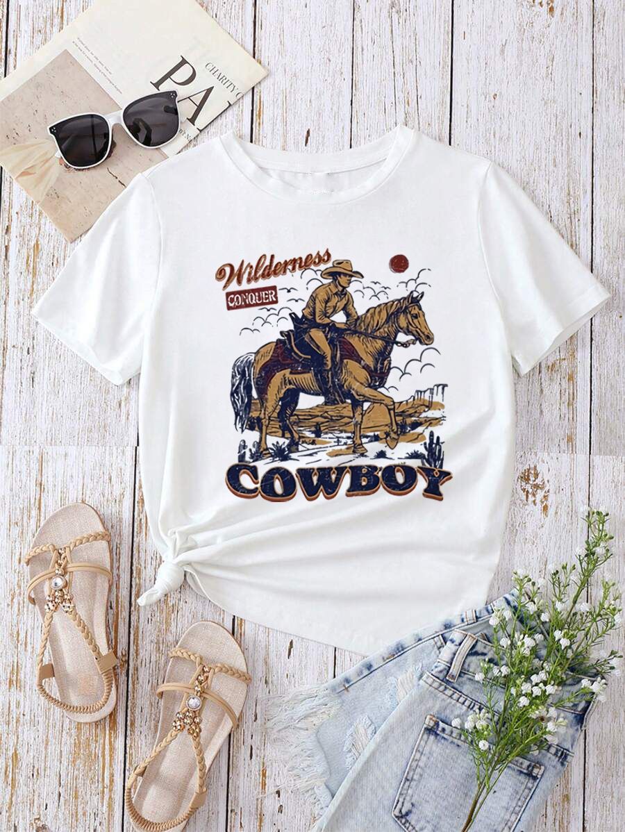 Damen T-Shirt mit kreativem Grafikdruck und luxuriösen Paillettenakzenten Drune