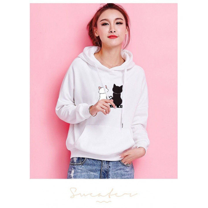 Damen Kapuzenpullover mit Katzen-Print, lockerem Schnitt und Kängurutasche Drune
