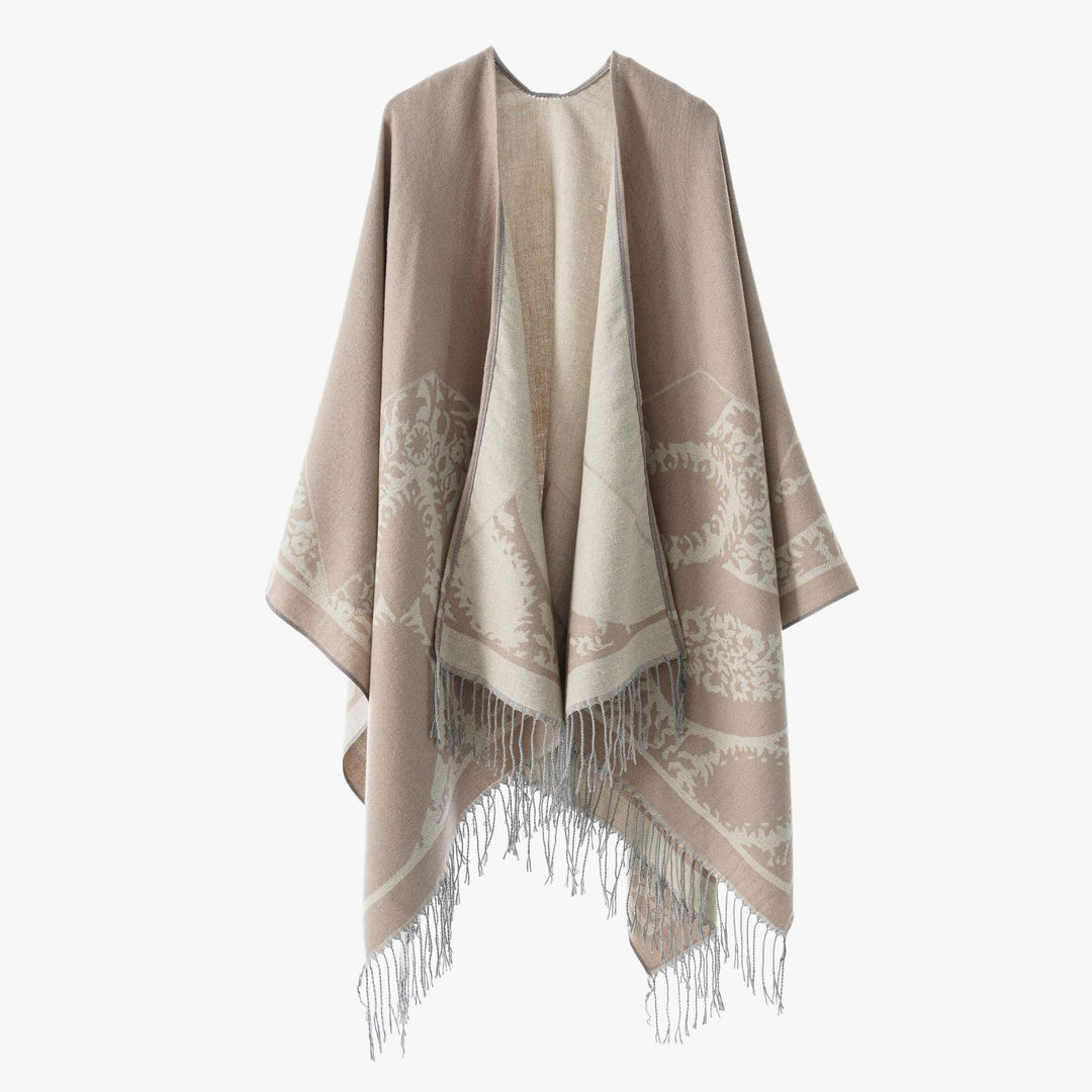 Damen Wendbarer Feinstrick-Poncho mit Jacquardmuster und Fransensaum Drune