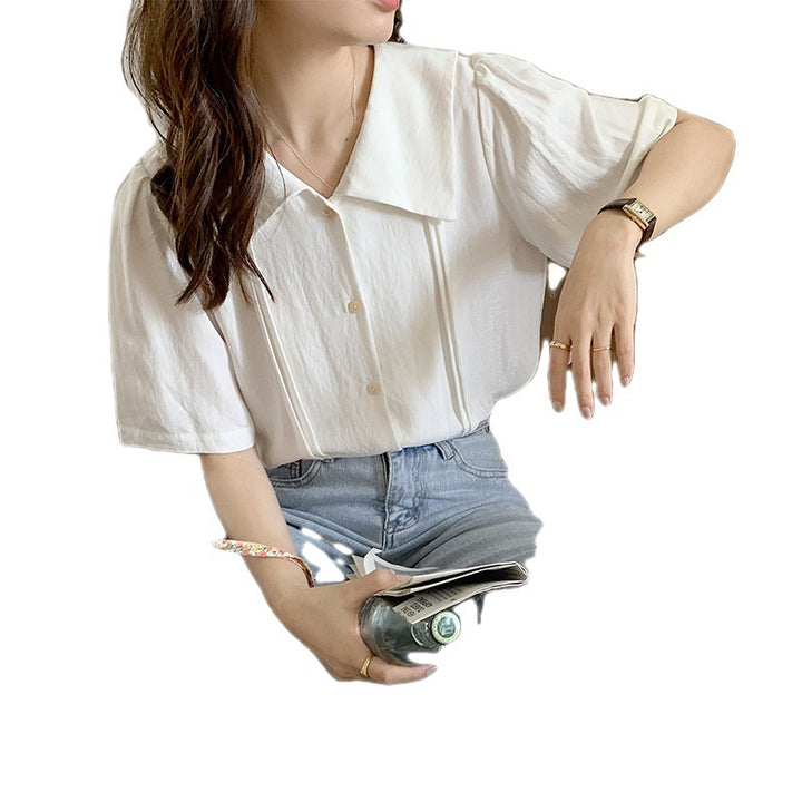 Damen Kurzarm Bluse mit elegantem Stehkragen und knöpfbarem Design Drune