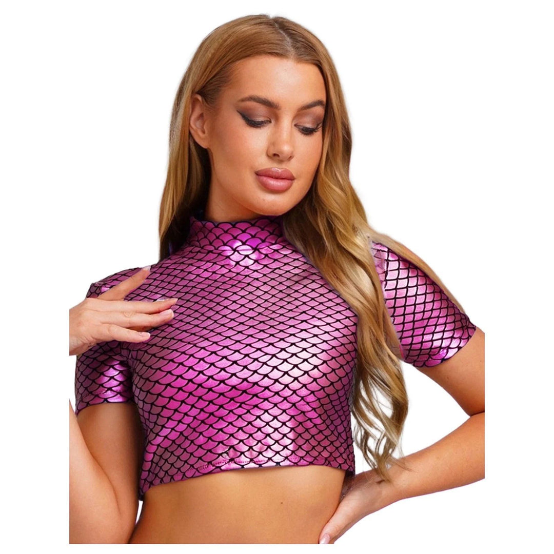 Damen Glitzerndes Cropped Shirt mit schimmerndem Fischschuppen-Muster Drune