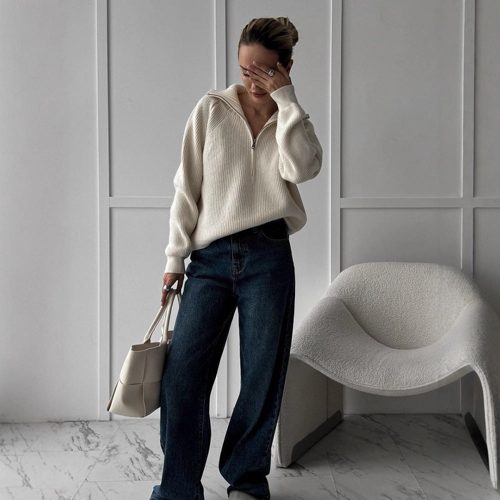 Damen Gerippter Wollmix-Pullover mit halbem Reißverschluss und weitem Stehkragen Drune