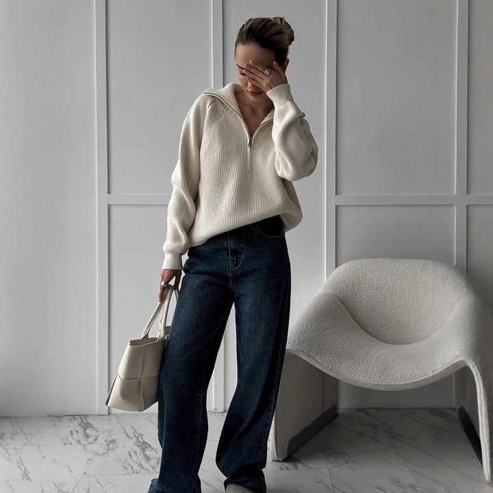 Damen Gerippter Wollmix-Pullover mit halbem Reißverschluss und weitem Stehkragen Drune