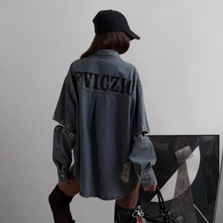Damen Oversized Jeanshemd mit ripped Details Drune