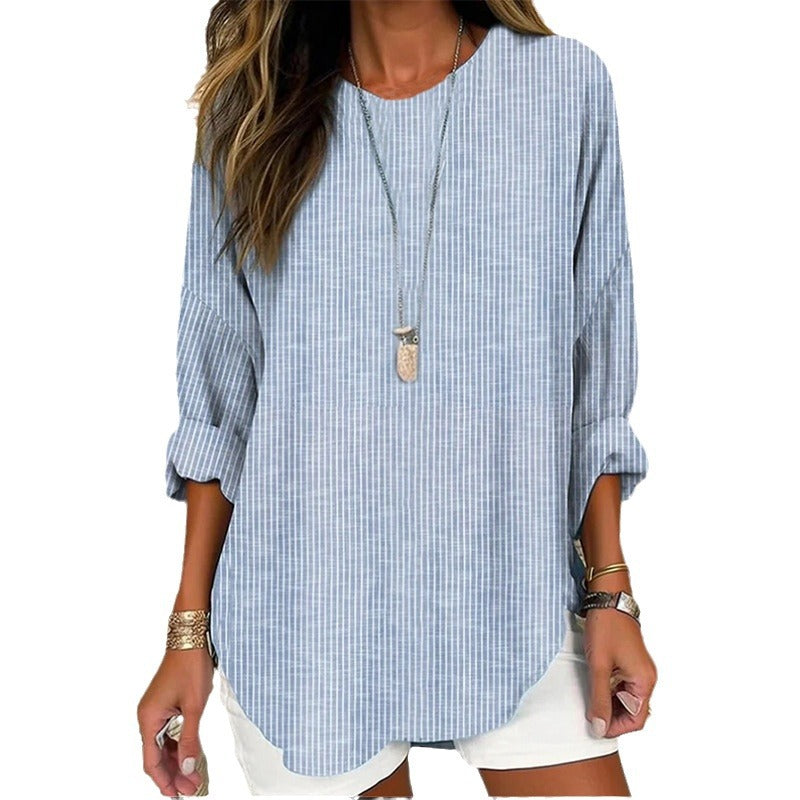 Damen Casual Leinenlook Lange Bluse mit feinen Streifen Drune