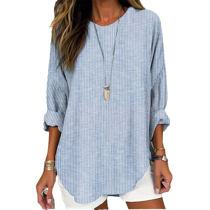 Damen Casual Leinenlook Lange Bluse mit feinen Streifen Drune