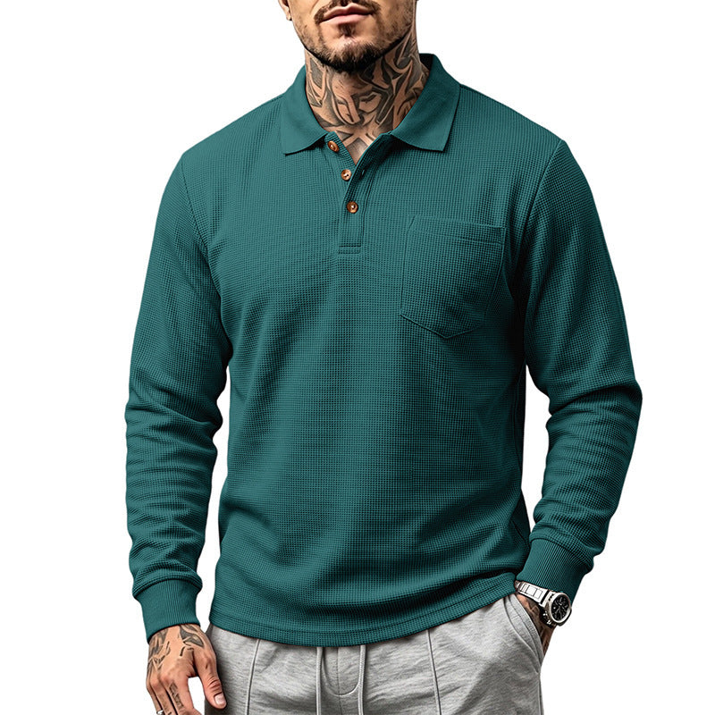 Herren Waffelstrukturiertes Langarm-Poloshirt mit Brusttasche und Holzknopfleiste Drune