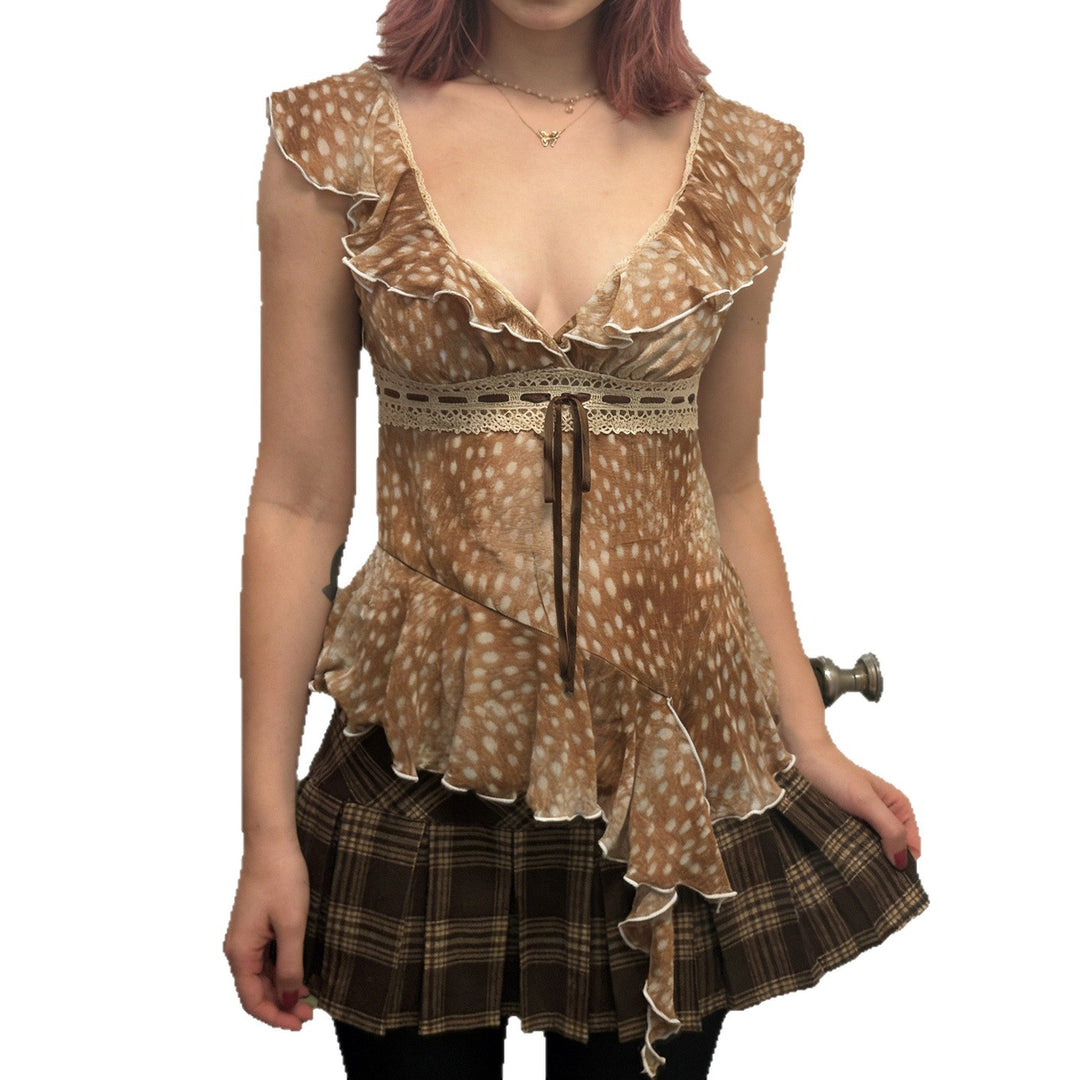 Damen asymmetrisches Sommerkleid mit Rüschen und Spitzenakzenten Drune