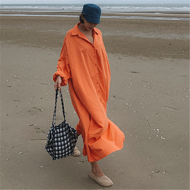 Damen Oversize-Hemdmaxikleid mit durchgehender Knopfleiste und weitem Fall Drune