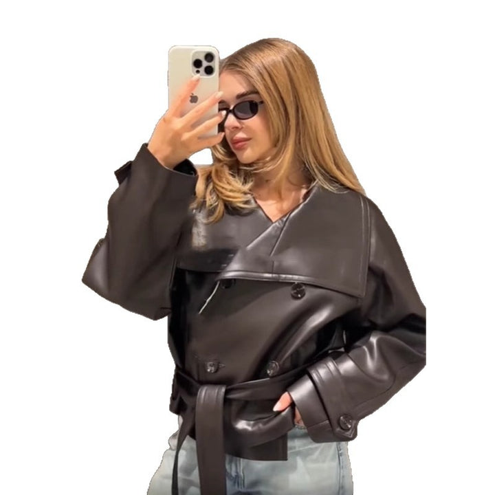 Damen trendige Lederjacke mit schickem Überwurfdesign Drune