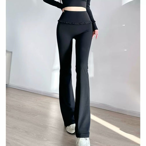 Damen Hochtaillierte Bootcut-Leggings mit Rüschendetails Drune