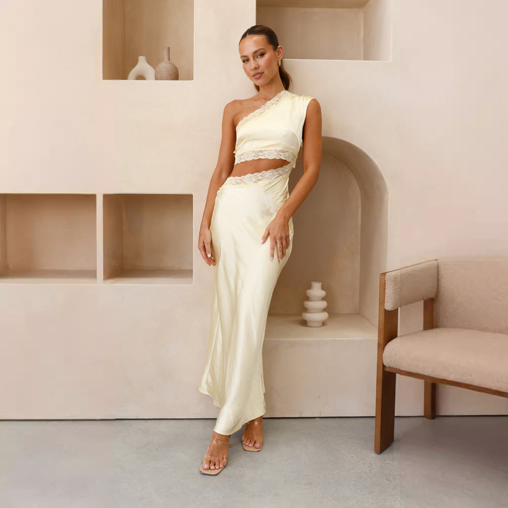 Damen elegantes Hochzeitskleid mit asymmetrischem Design und Spitze Drune