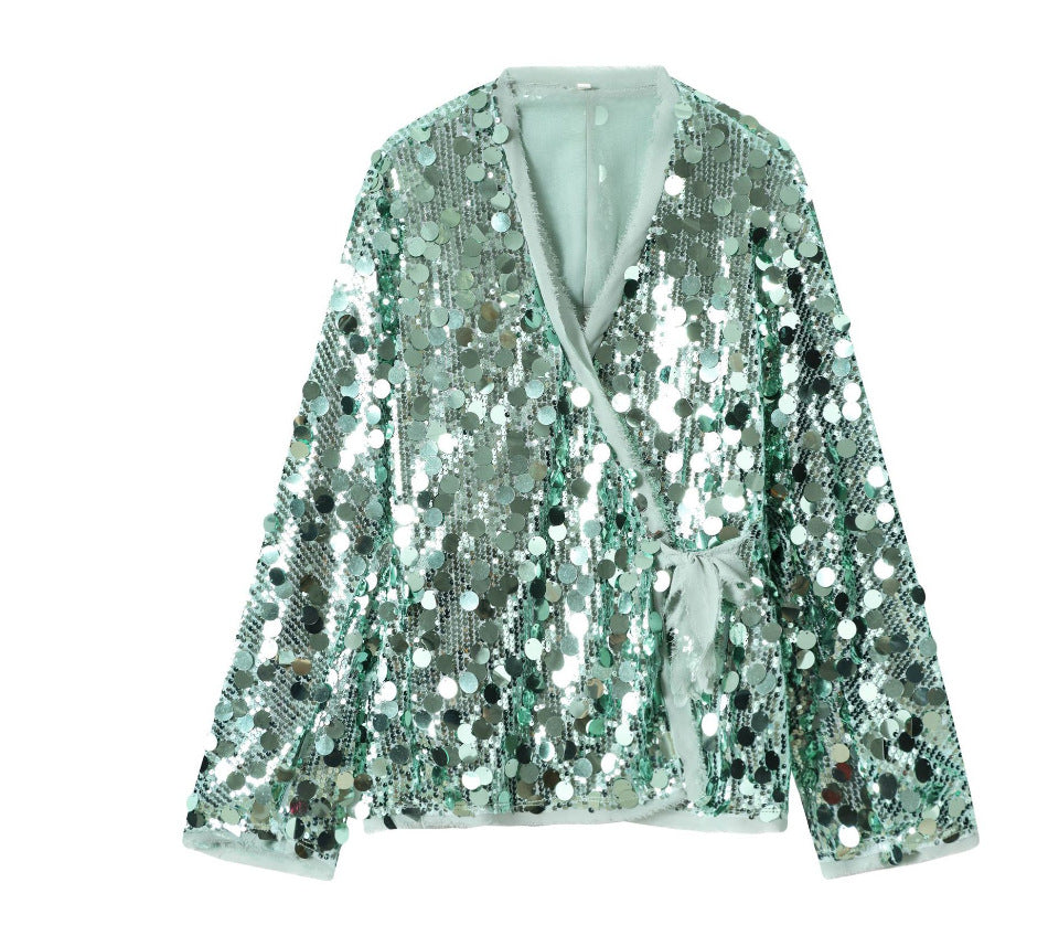 Damen 1900+ Wickel‑Blousonjacke mit großen Pailletten und Satinband Drune