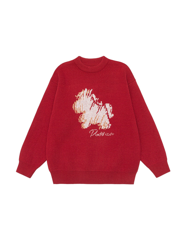 Damen Oversize-Strickpullover mit Jacquard-Hundemotiv und geripptem Saum Drune