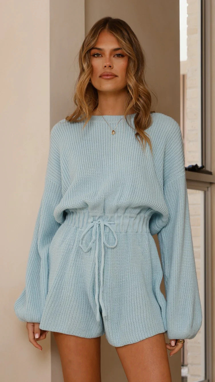 Damen bequemer Strick-Loungewear-Anzug mit tailliertem Bund und weitem Bein Drune