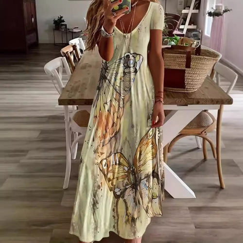 Damen Maxikleid mit floralen Schmetterlingsmotiven und weich fließendem Stoff Drune